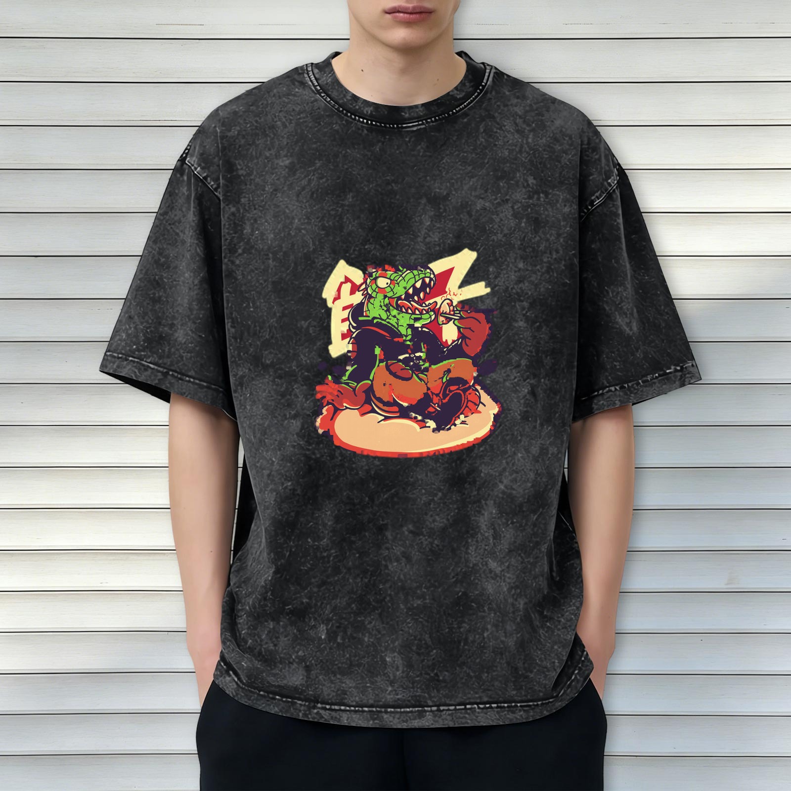 Oversized Acid Wash T-Shirt With Cartoon Crocodile Eating Burger Graphic