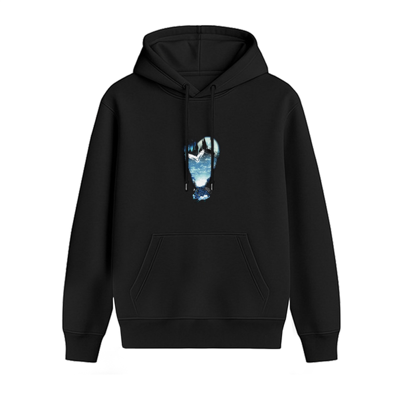 Black Hoodie With Surreal Landscape Graphic Print