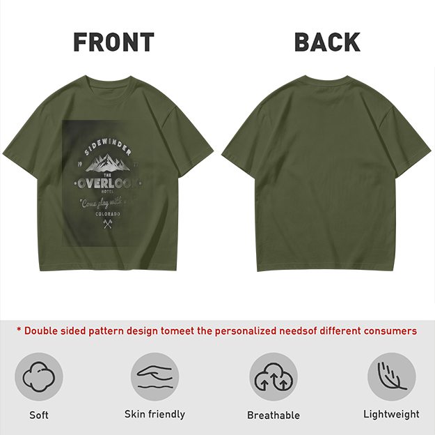 Olive t-shirt with Overlook Hotel mountain graphic print