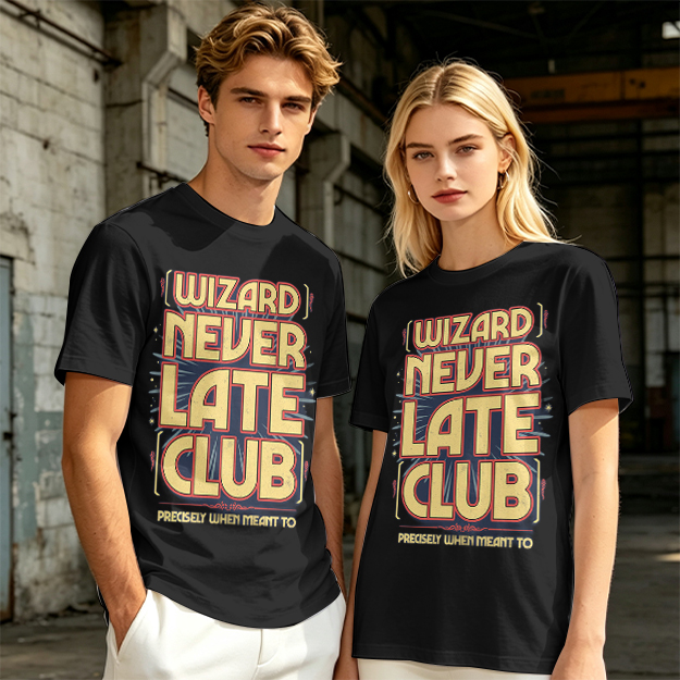 Olive t-shirt with Wizard Never Late Club graphic print