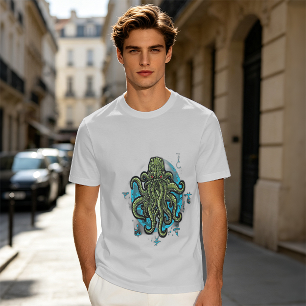 Olive Green T-Shirt With Cthulhu Octopus Monster Graphic