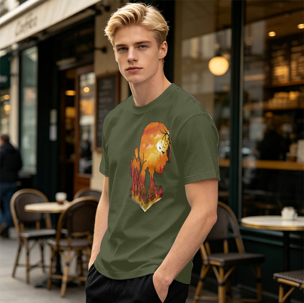 Olive T-Shirt with Sunset Lion Silhouette Graphic Print