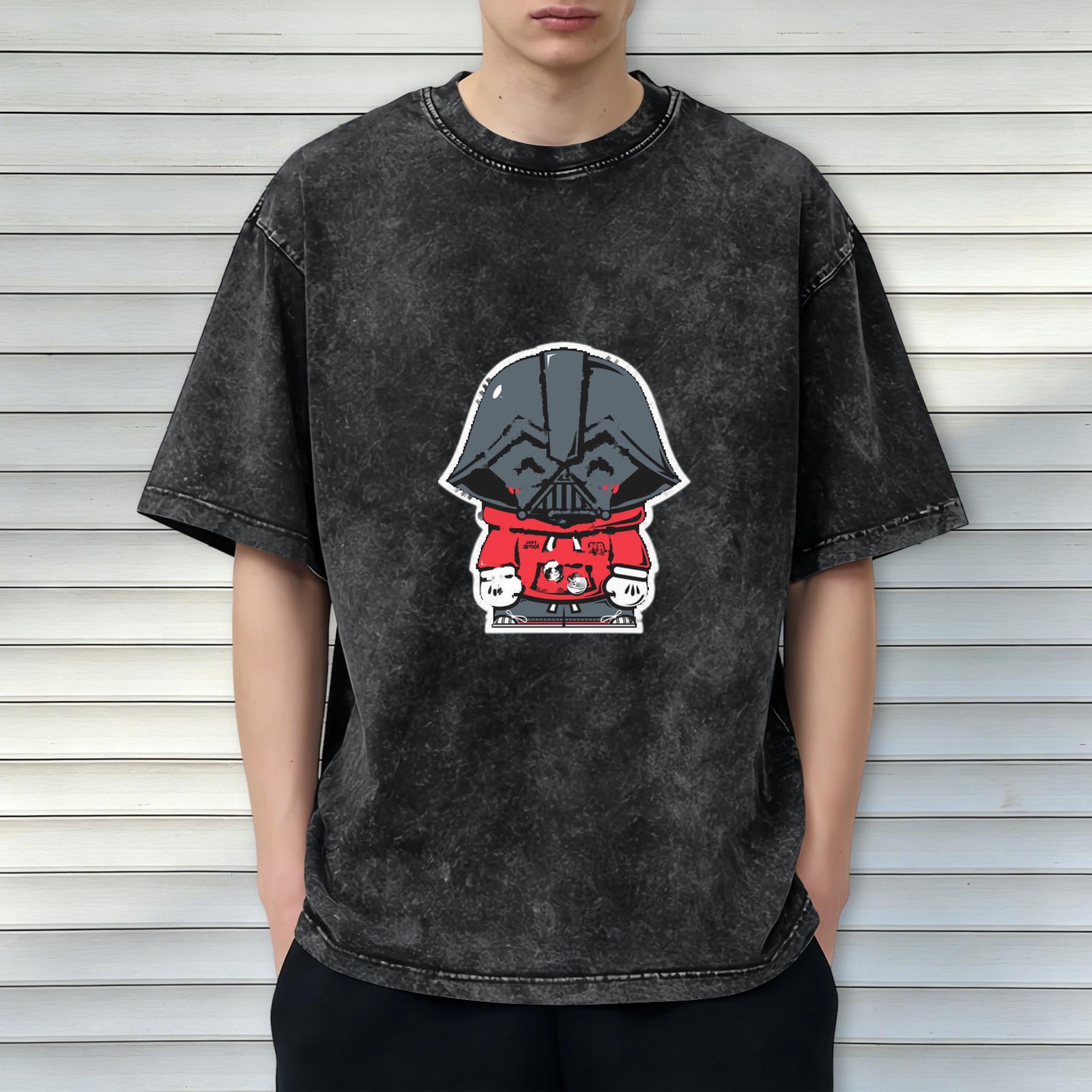 Oversized Dark Wash T-Shirt with Cute Darth Vader Hoodie Print