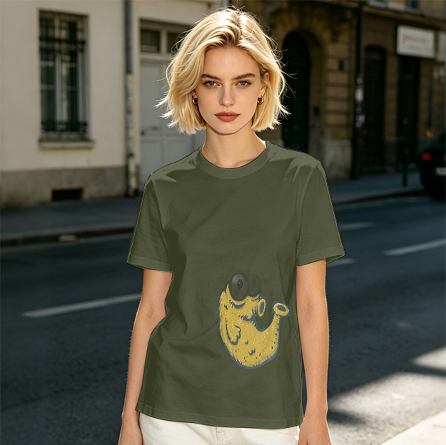 Olive Green T-Shirt With Whimsical Yellow Monster Graphic