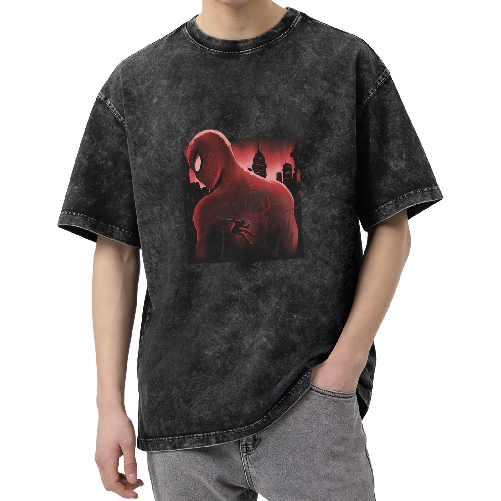 Washed Black Oversized T-Shirt with Spider-Man Cityscape Graphic