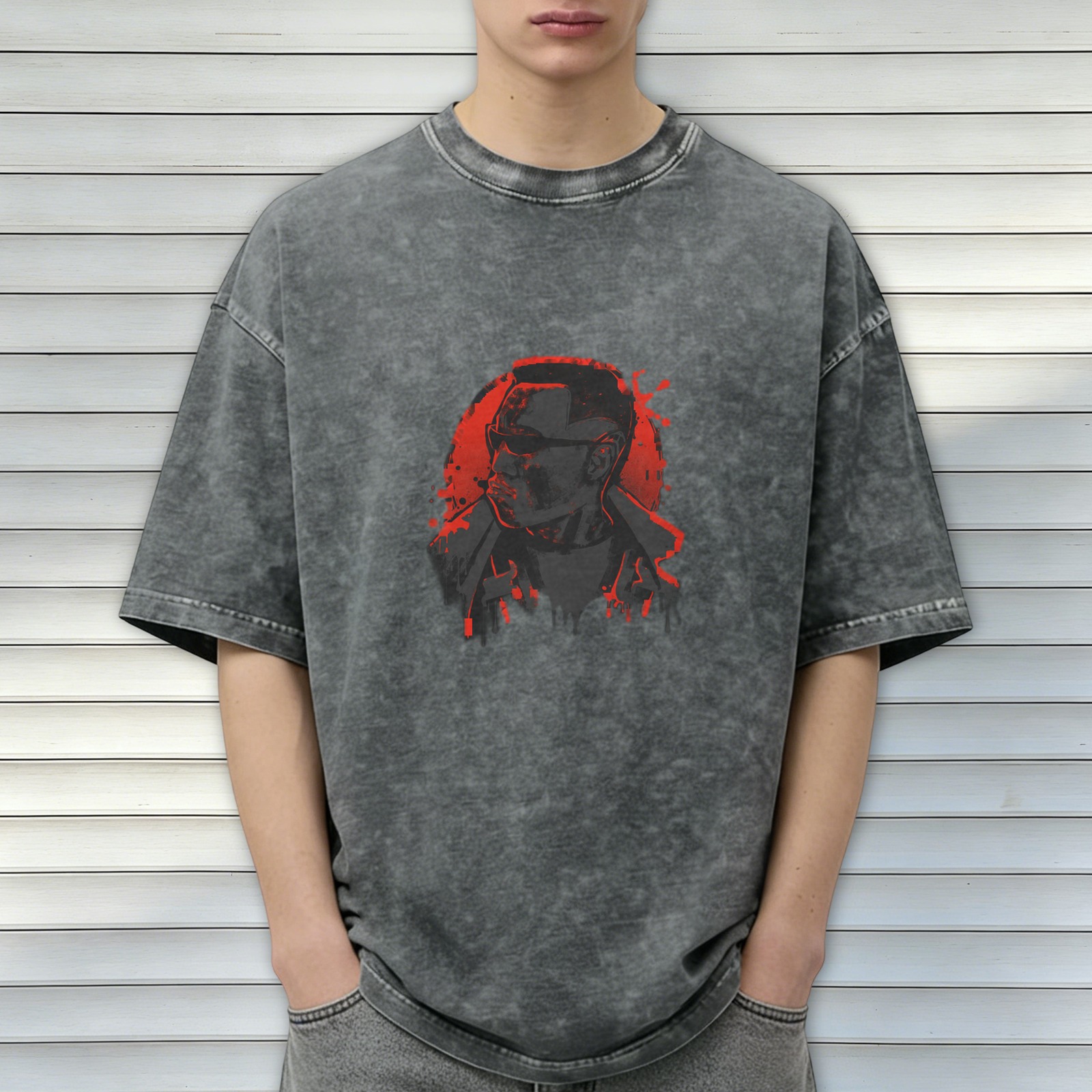 Washed Black T-Shirt with Red Vampire Hunter Graphic