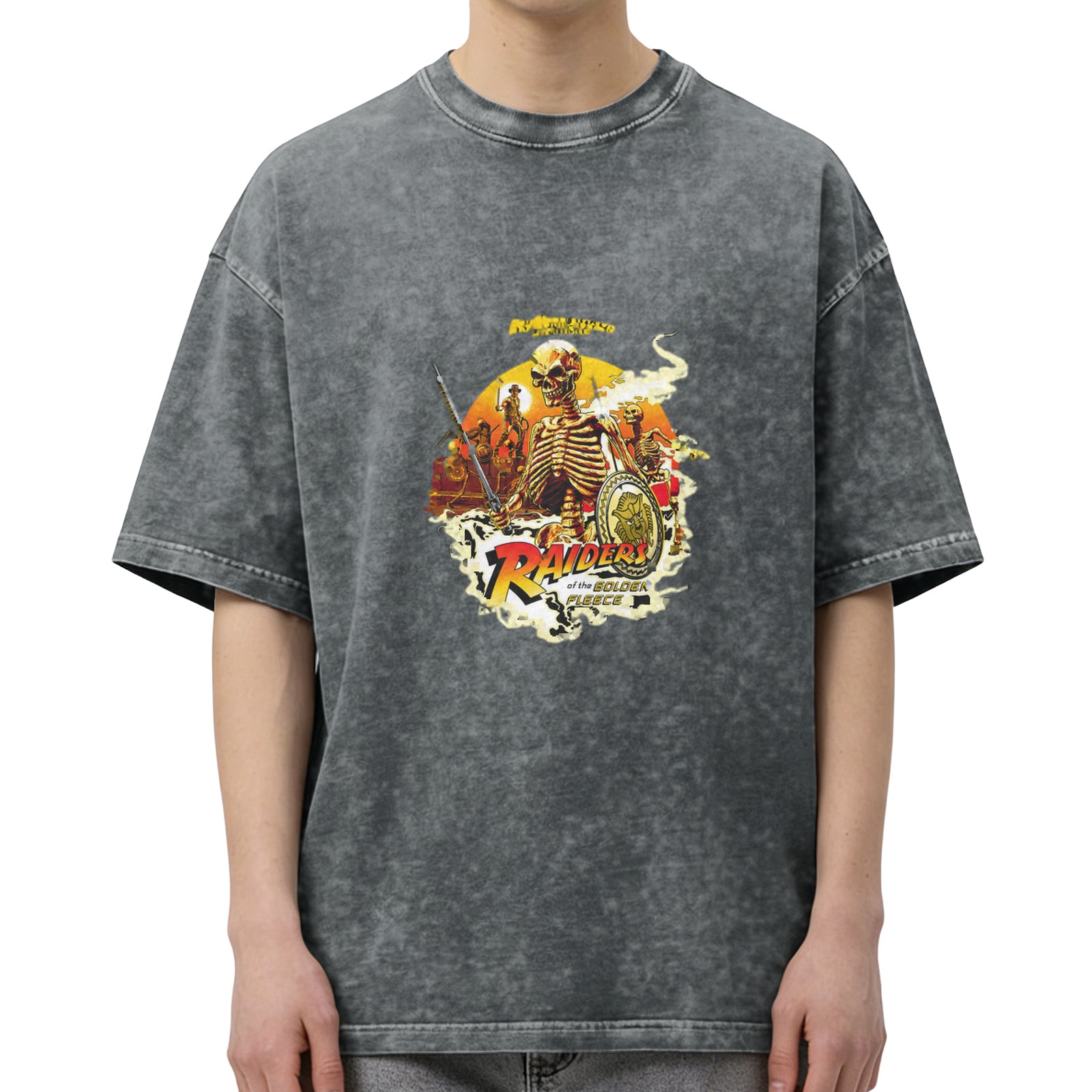 Washed Black Graphic T-Shirt with Raiders of the Golden Fleece Skeleton Print