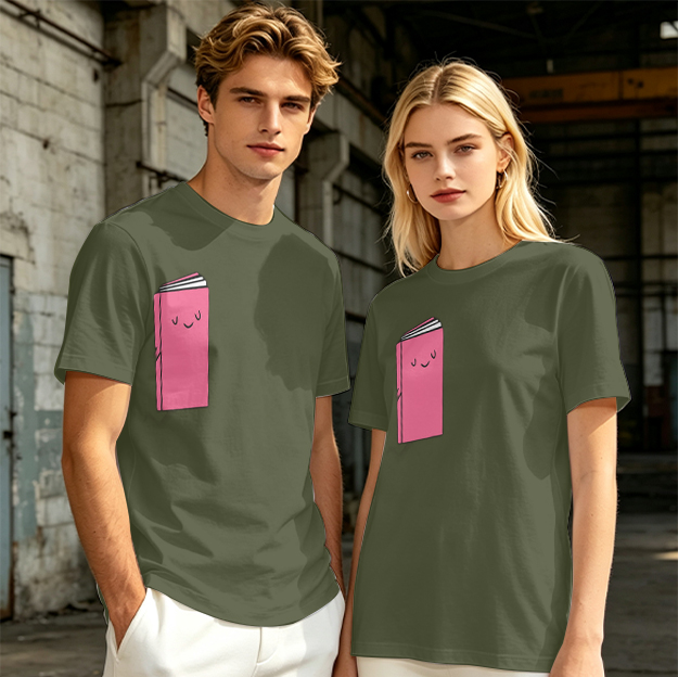Olive Green T-Shirt With Cute Smiling Pink Book Graphic