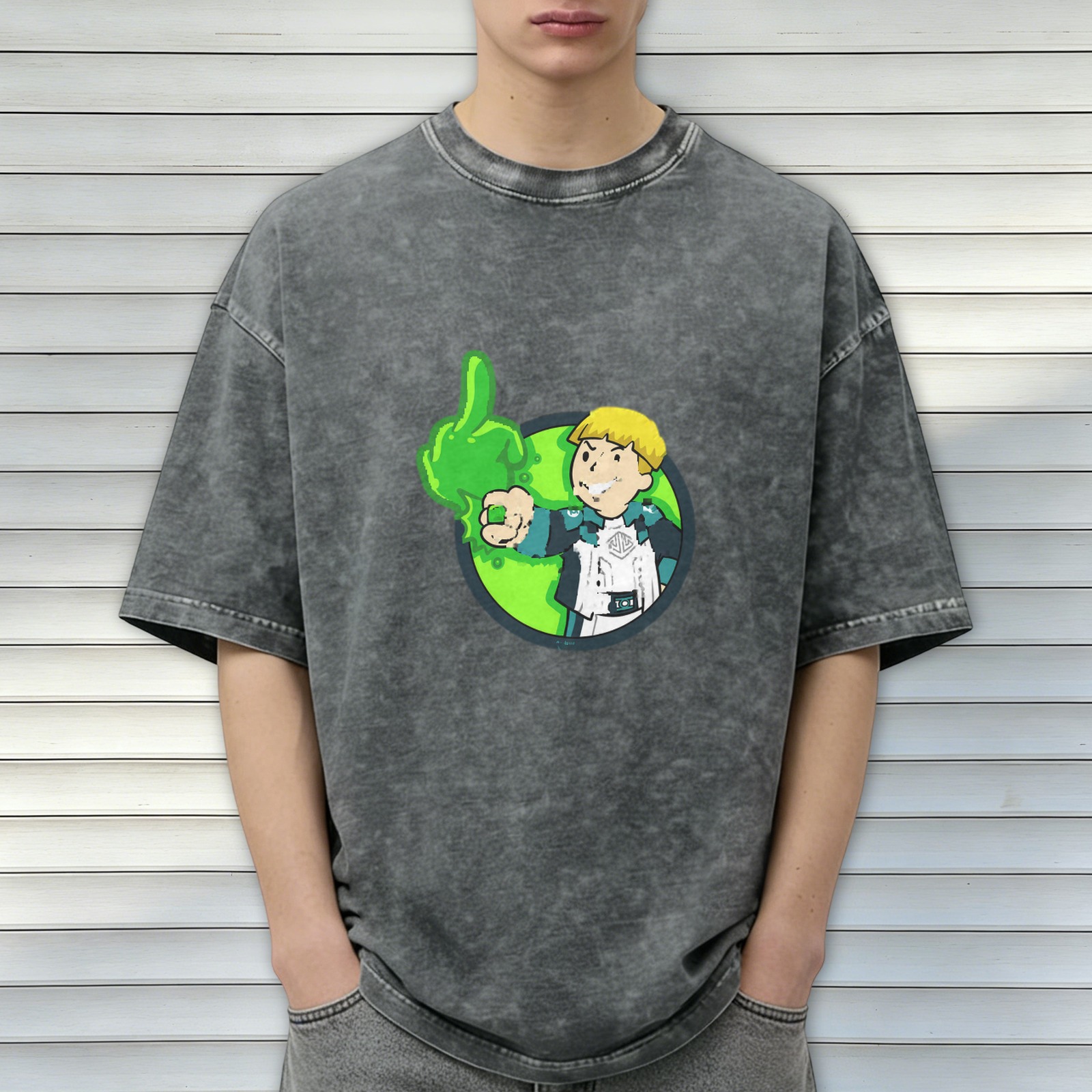 Oversized Acid Wash T-Shirt With Cartoon Character And Green Slime Graphic