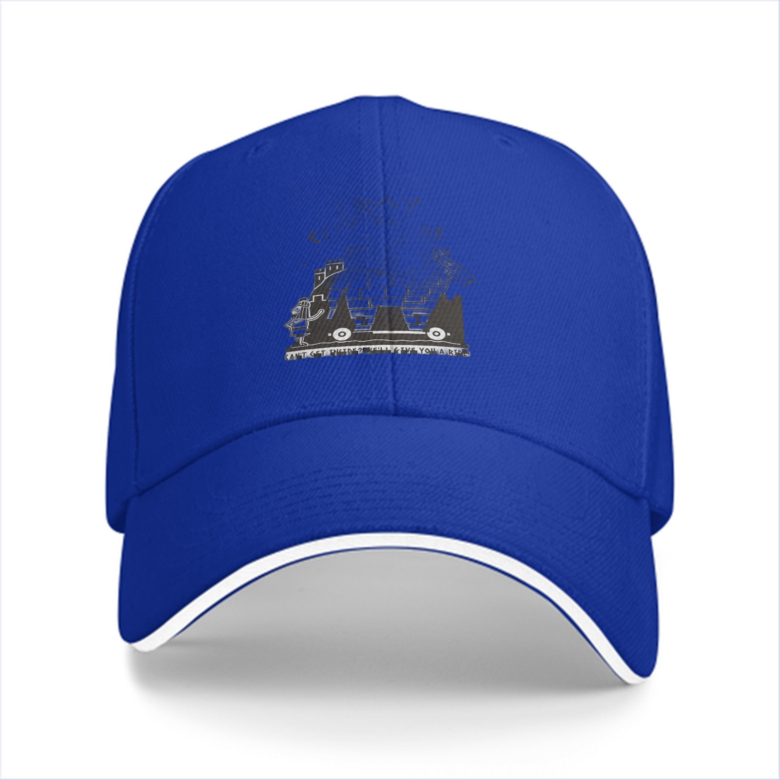 Black baseball cap with monochrome graphic print on front