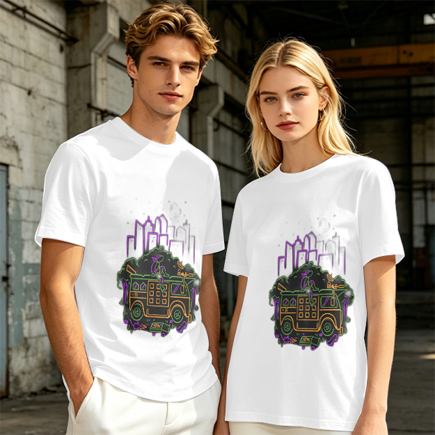 Olive T-Shirt With Neon City Bus Graphic Design