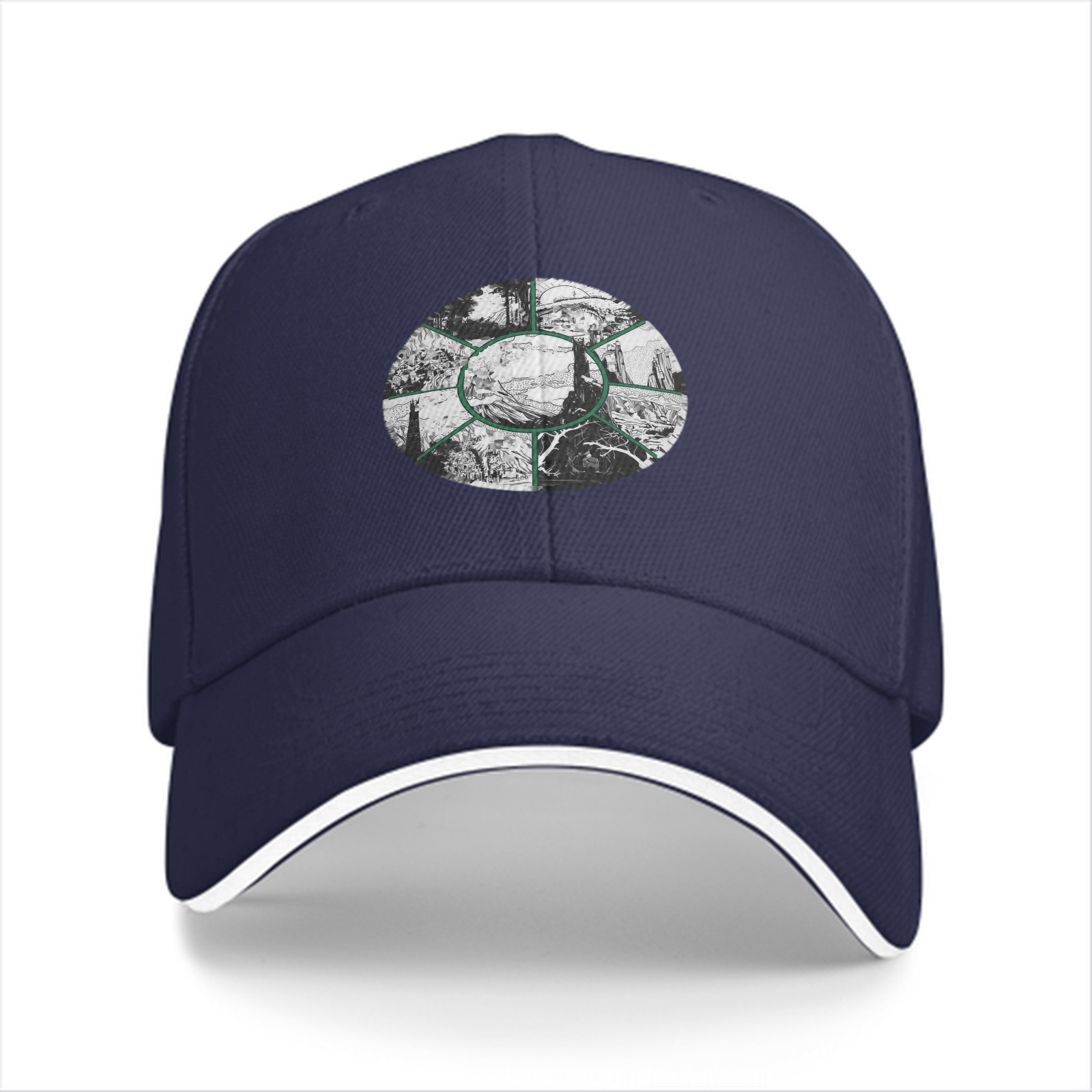 Black Baseball Cap With Circular Nature Landscape Graphic