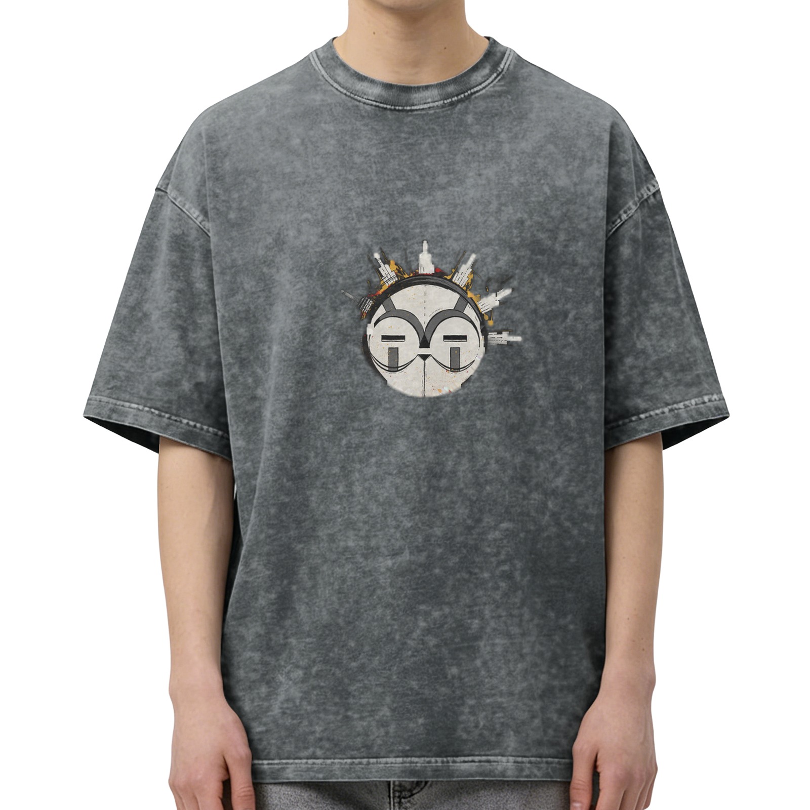 Oversized Black Acid Wash T-Shirt With Graphic Face Print