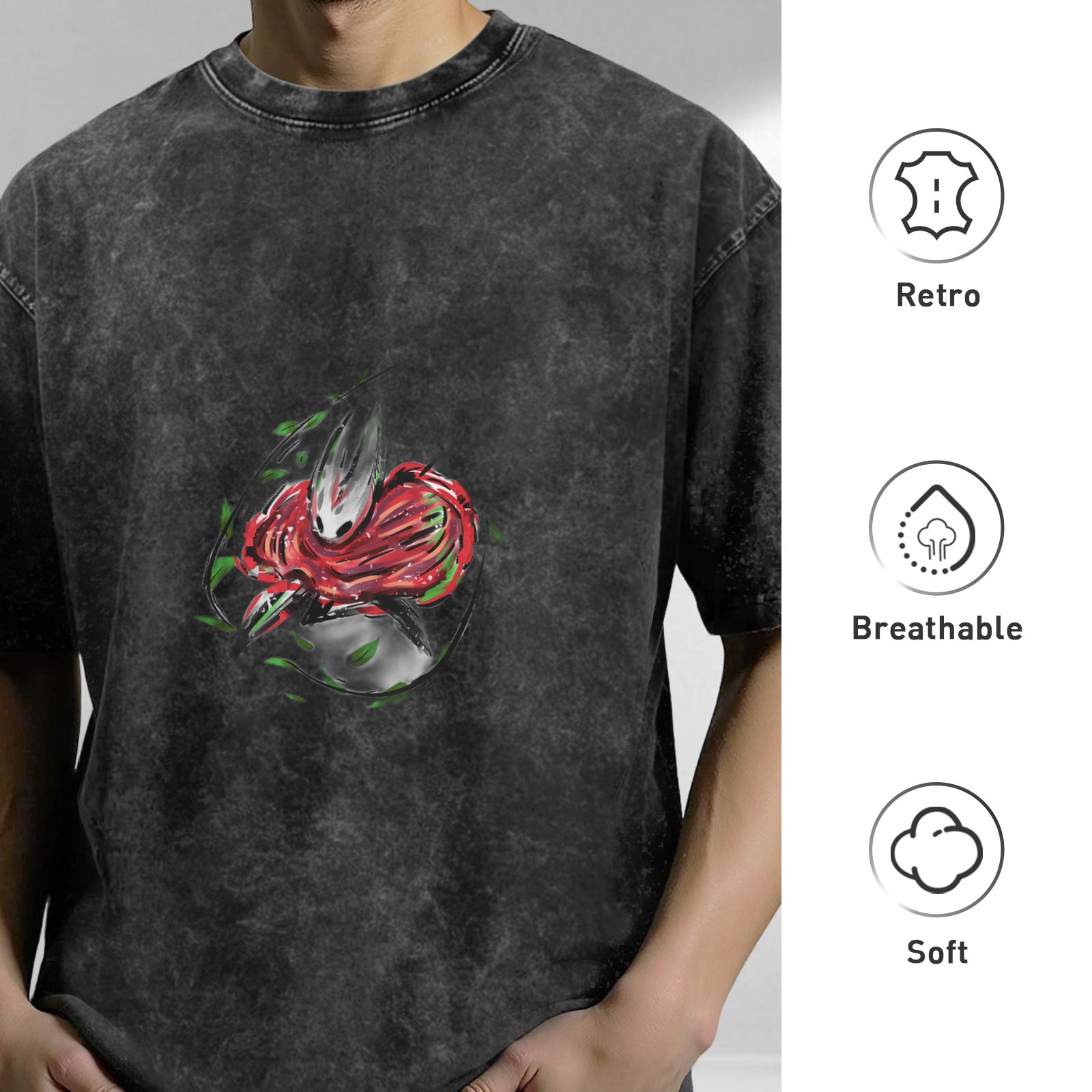 Washed black graphic t-shirt with stylized insect warrior art