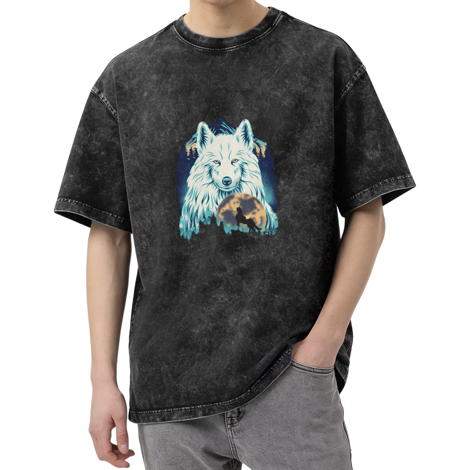Oversized Dark Wash T-Shirt With White Wolf And Moon Graphic