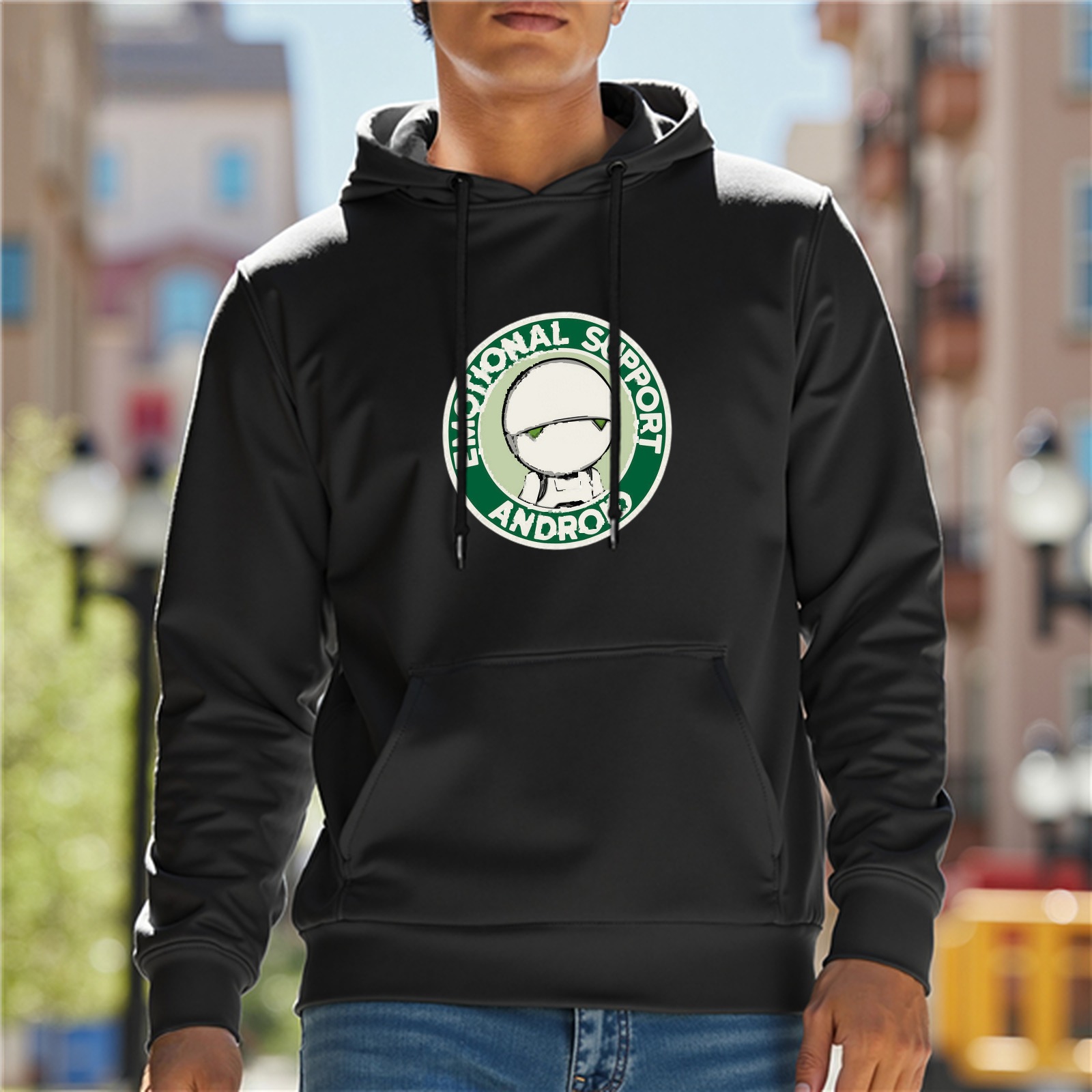 Black hoodie with Emotional Support Android Marvin graphic