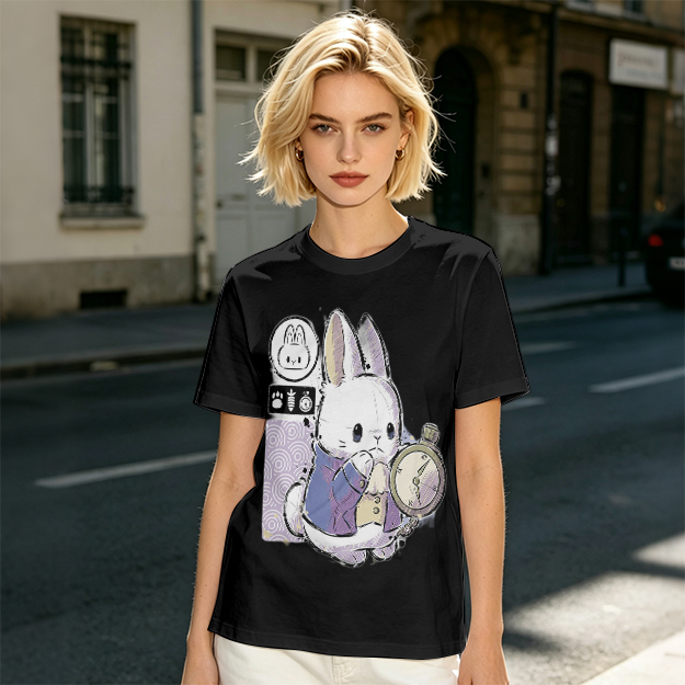 Olive T-Shirt With White Rabbit Holding Pocket Watch Print