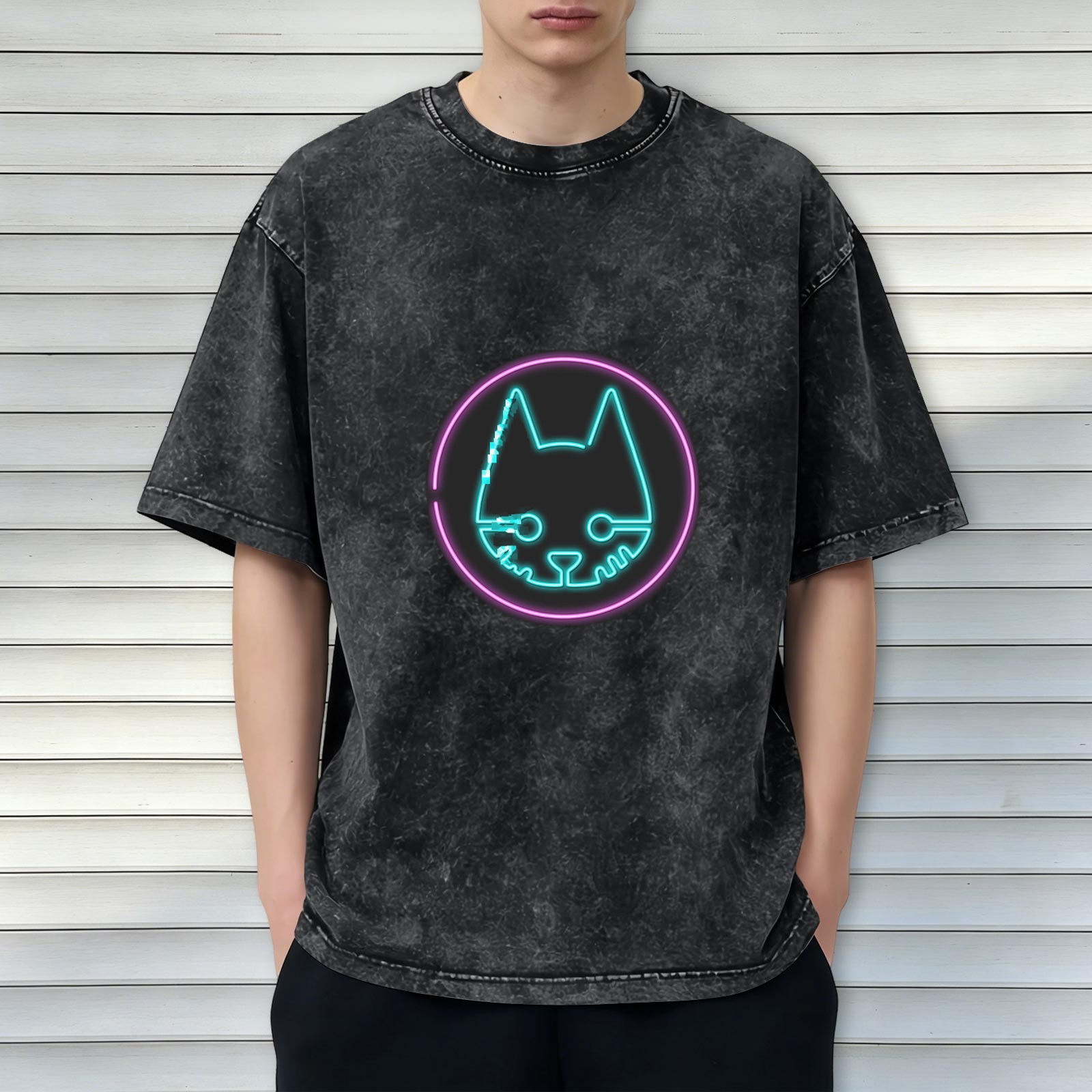 Oversized Vintage Wash T-Shirt with Neon Cyberpunk Cat Graphic Print