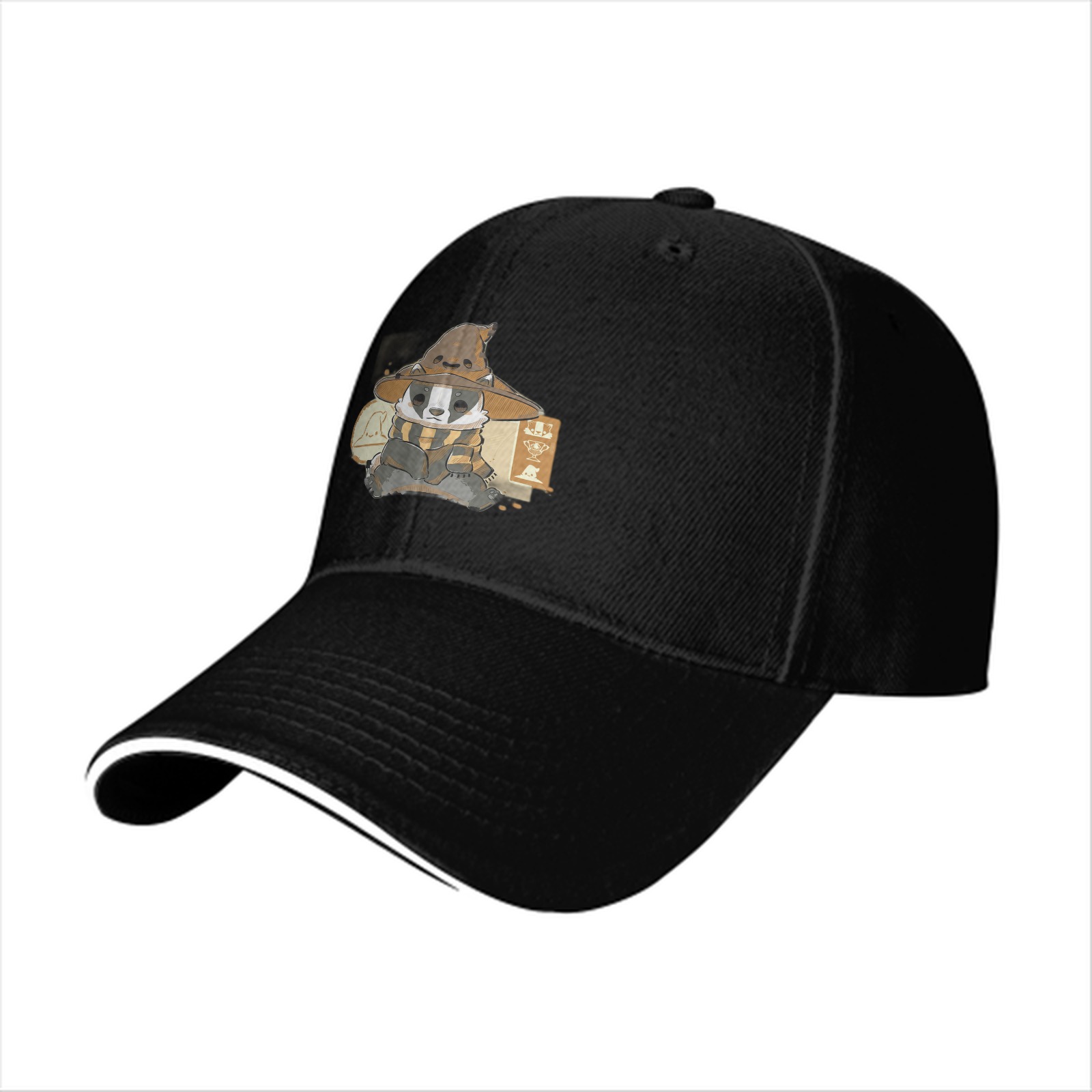 Black baseball cap with Hufflepuff badger wizard design