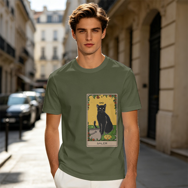 Olive T-shirt with Salem Black Cat Tarot Card Art Print