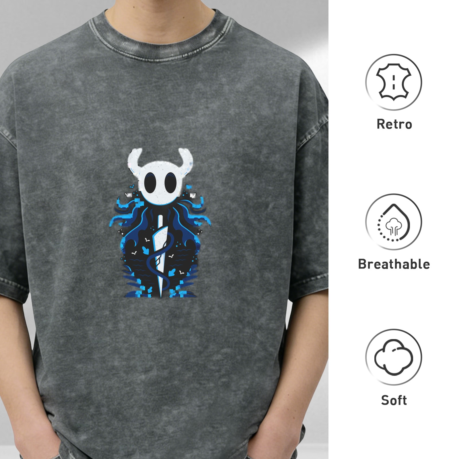 Hollow Knight themed distressed washed black short-sleeved T-shirt and game peripheral printed loose top