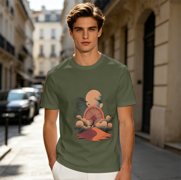 Olive T-Shirt with Surreal Desert Sunset Graphic Print