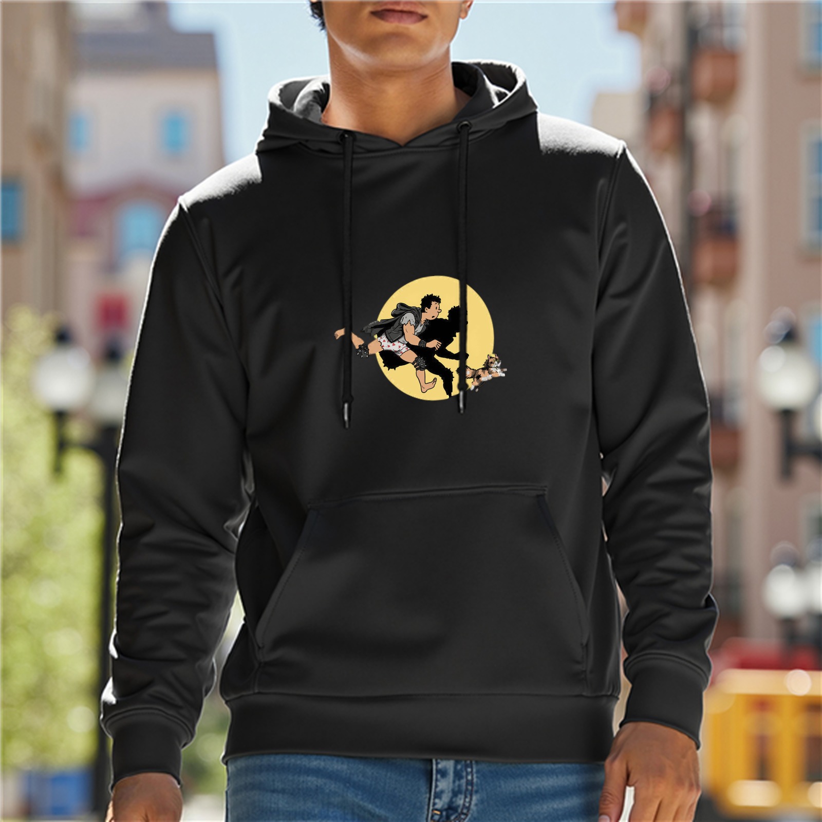 Black hoodie with running character and cat graphic design