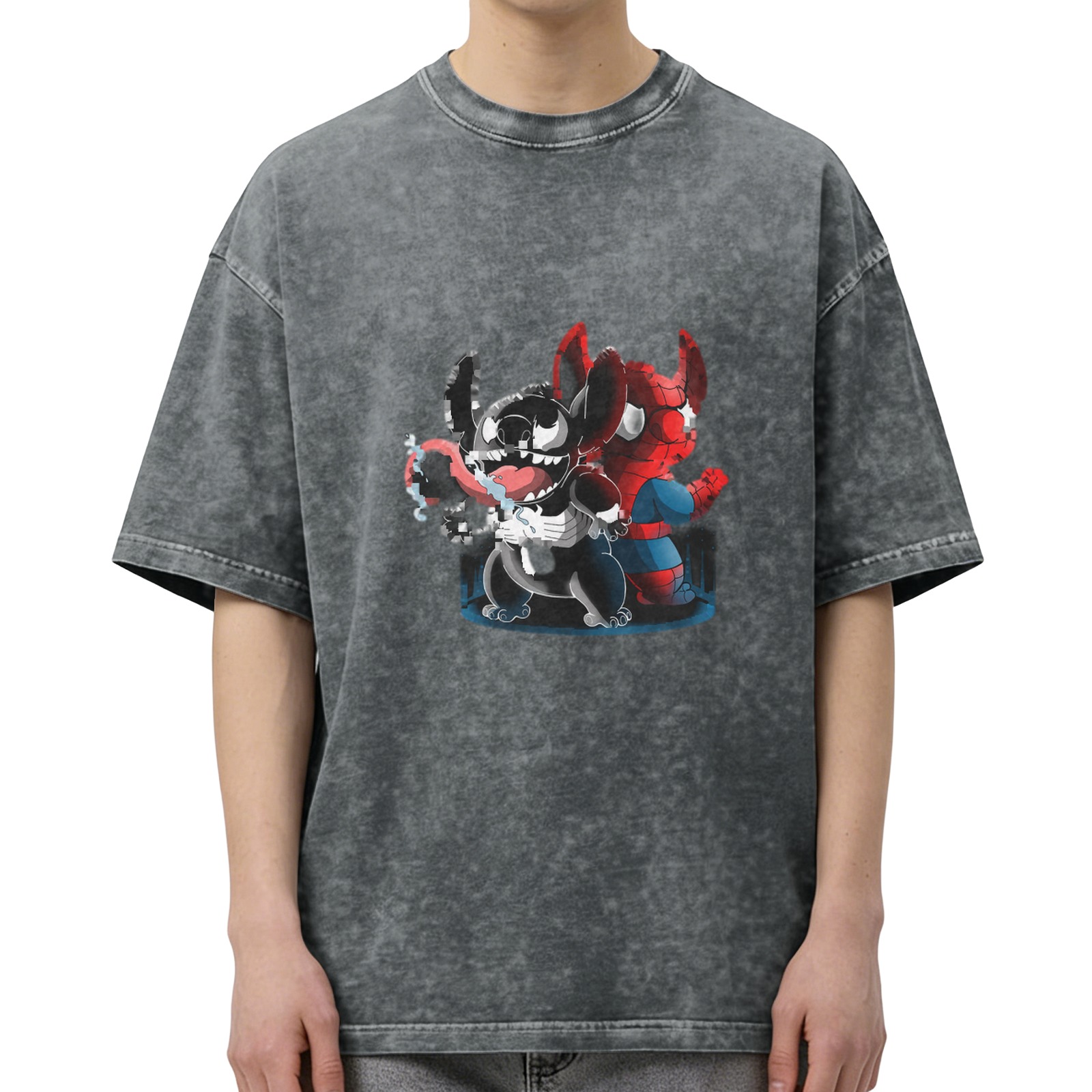 Oversized Acid Wash T-Shirt with Stitch Venom and Spider-Man Graphic