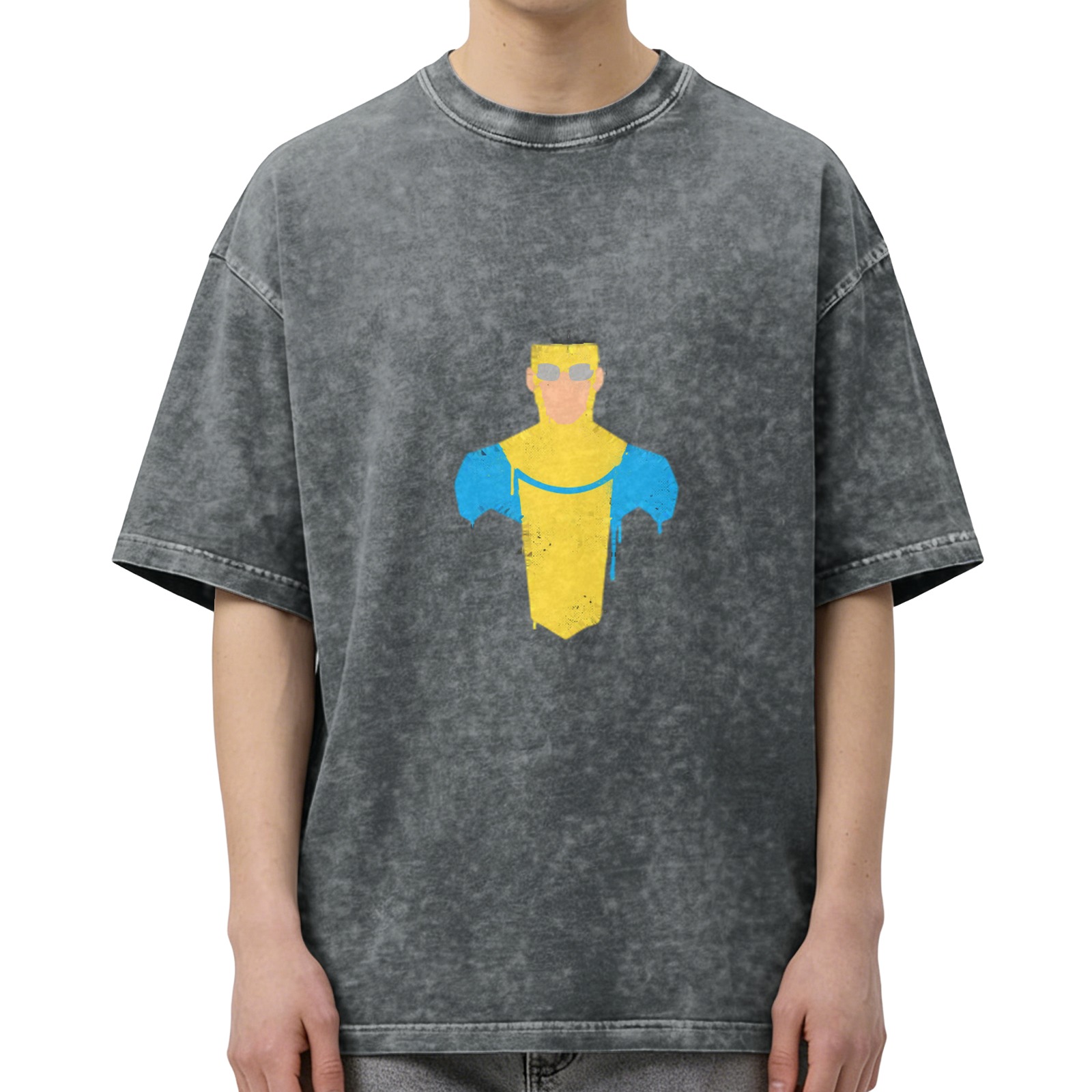 Distressed washed black loose short-sleeved T-shirt with minimalist superhero print on the chest