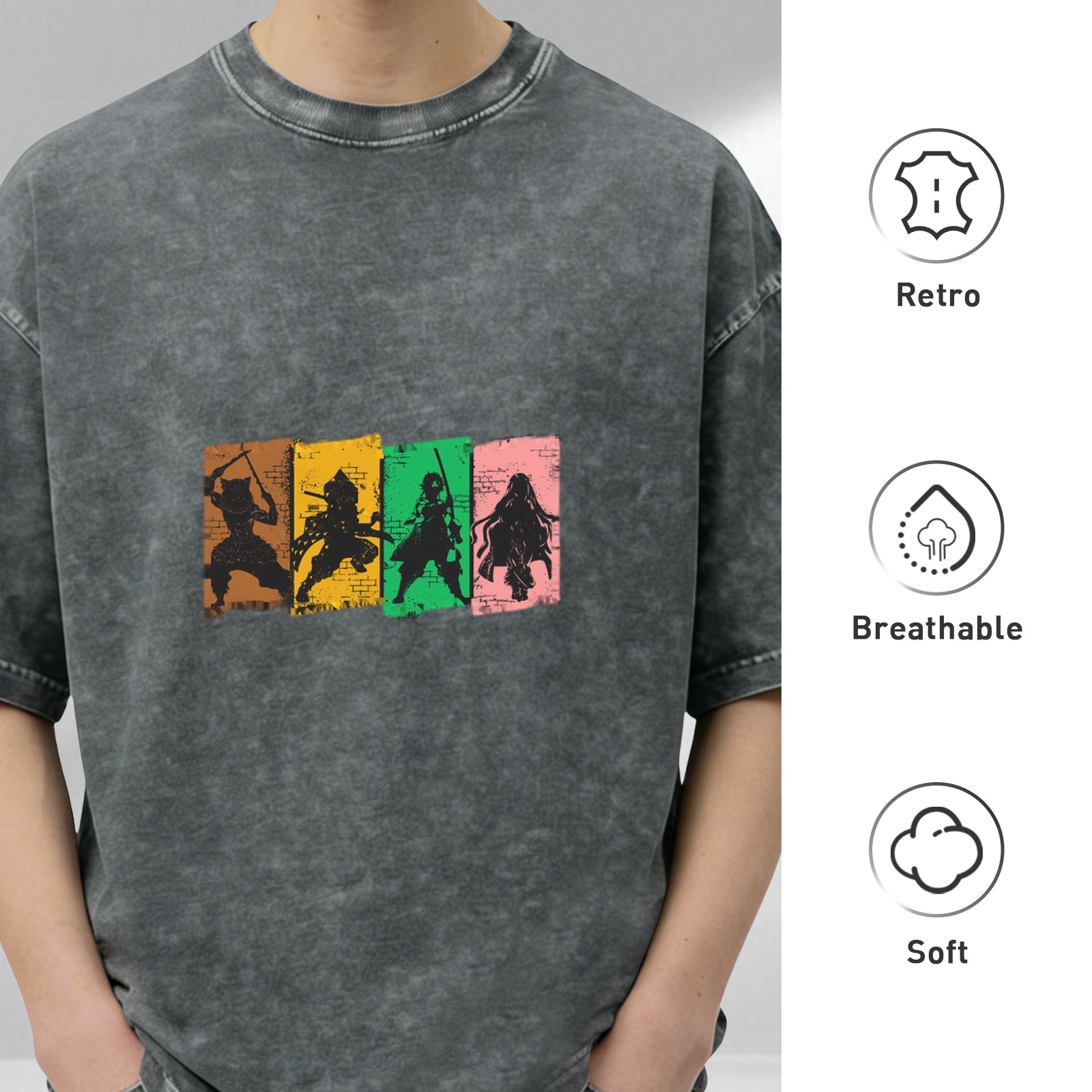 Washed Black Anime Character Silhouette Graphic T-Shirt
