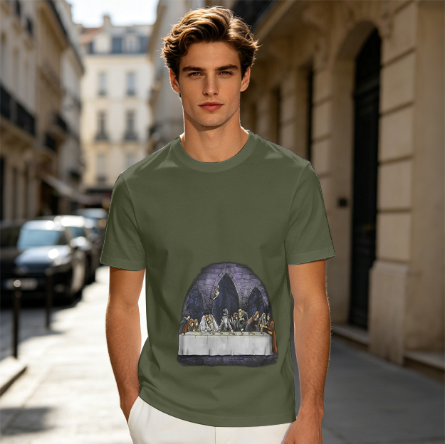Olive Green T-Shirt with Skeletal Last Supper Graphic Print