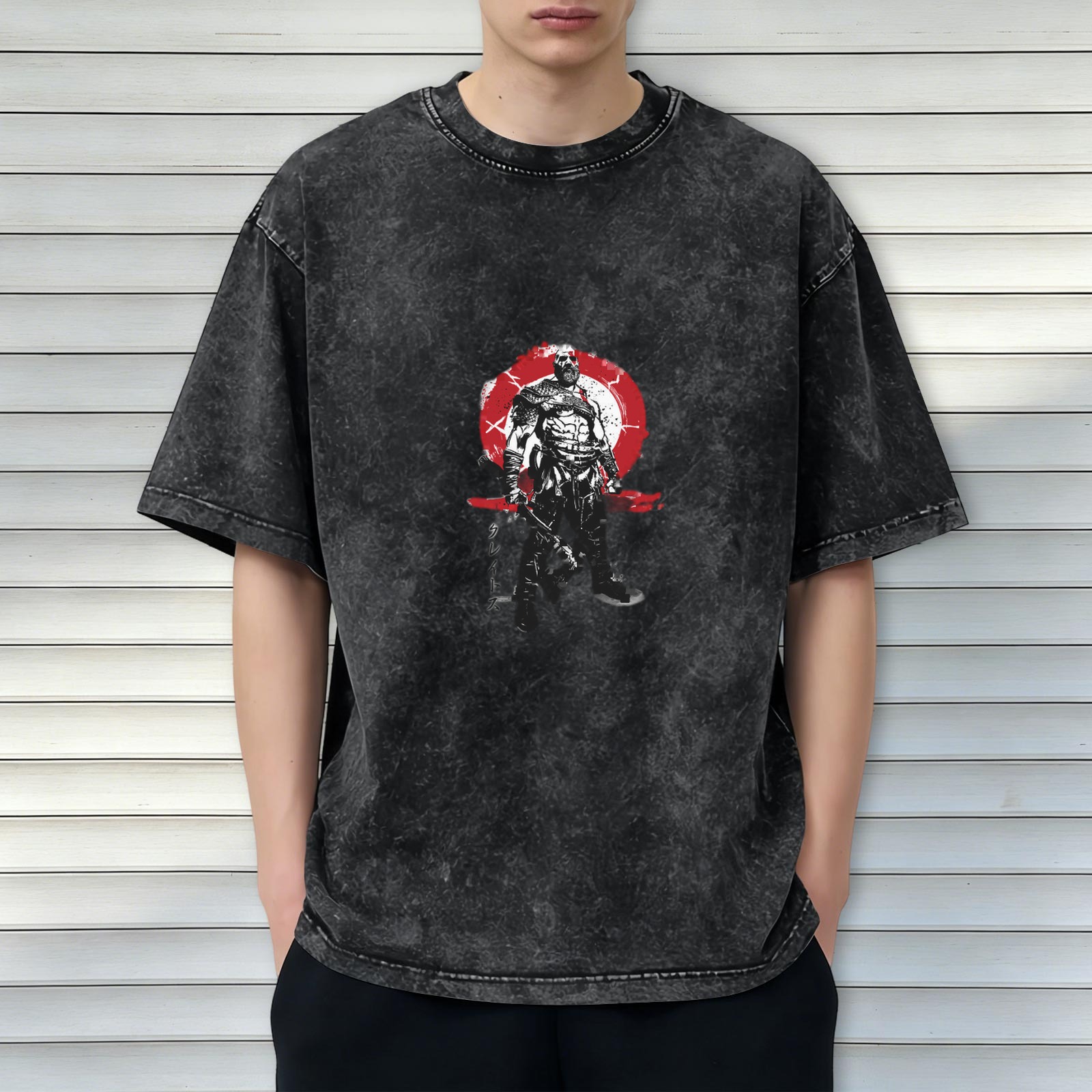 Washed Black Graphic T-Shirt with Warrior Figure Print