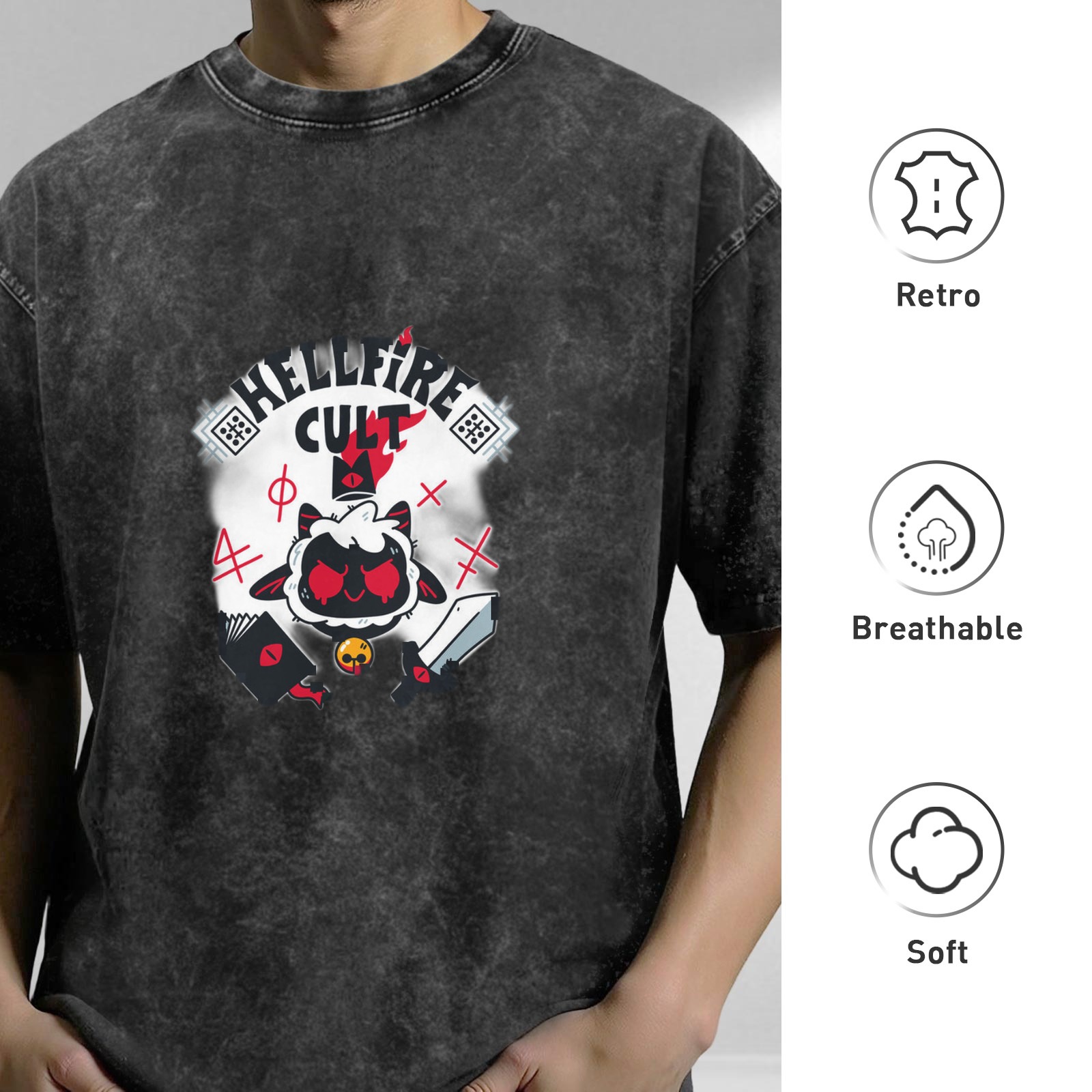 Distressed black HELLFIRE CULT cartoon lamb print loose short-sleeved T-shirt