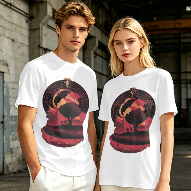 Olive t-shirt with Fullmetal Alchemist inspired sunset landscape print