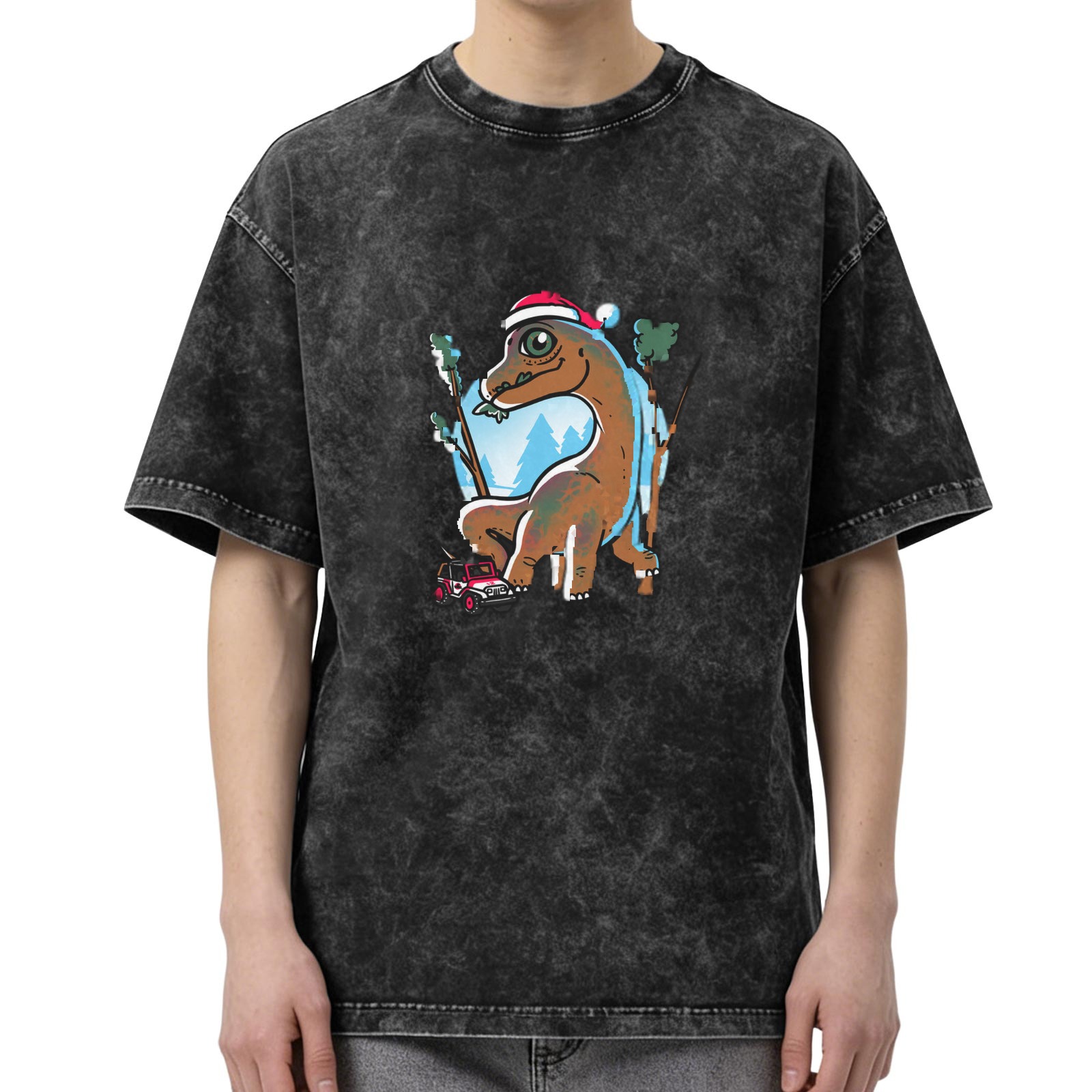 Oversized Dark Wash T-Shirt With Christmas Dinosaur Graphic