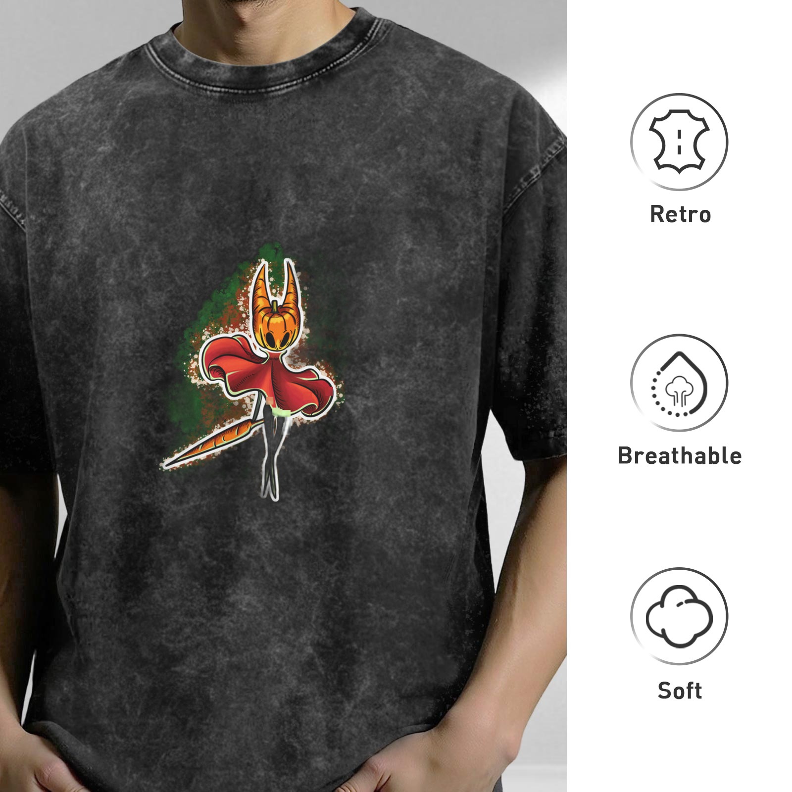 Washed Black T-Shirt with Pumpkin Horned Character Graphic