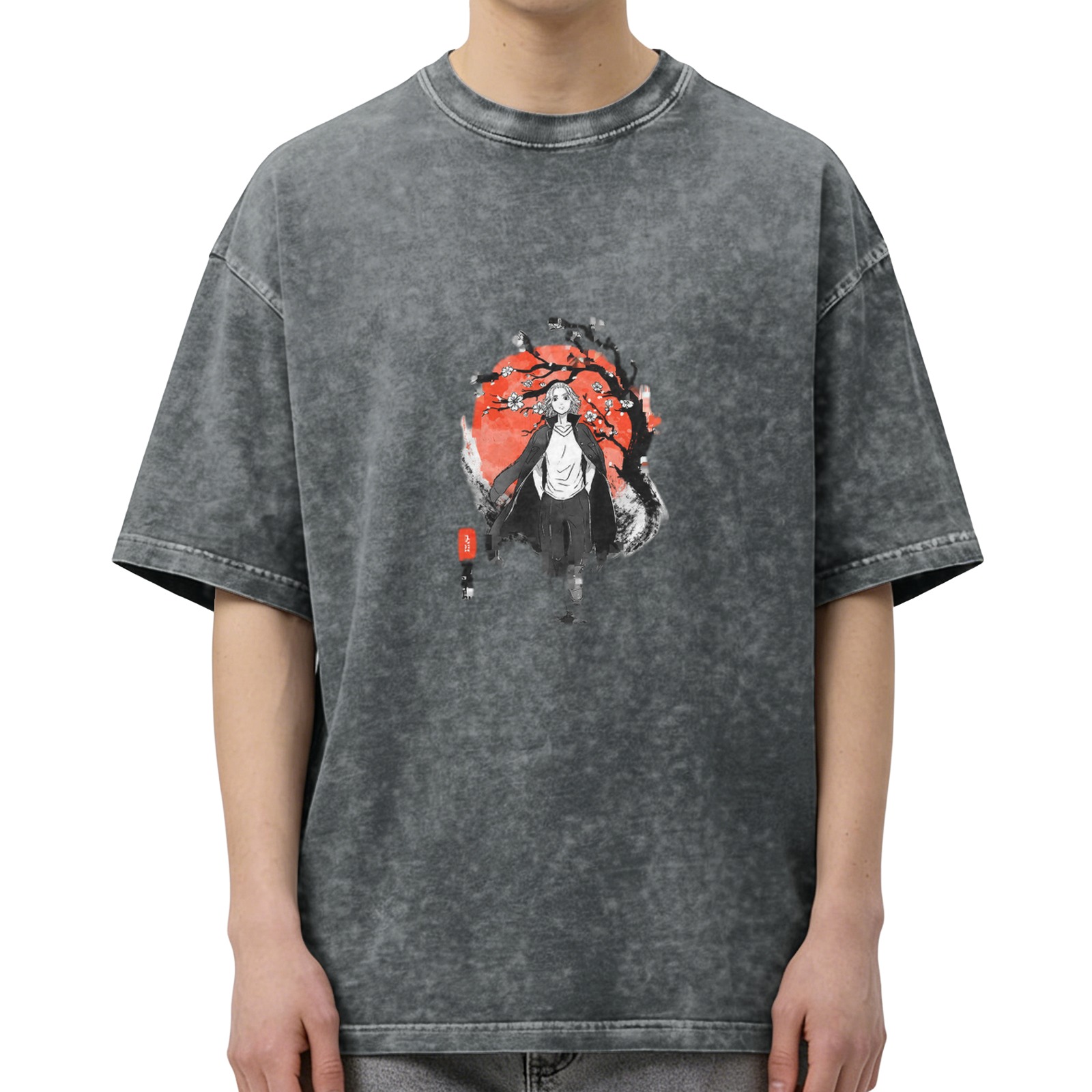 Distressed washed black round neck short-sleeved T-shirt Anime character cherry blossom and red moon printed loose top
