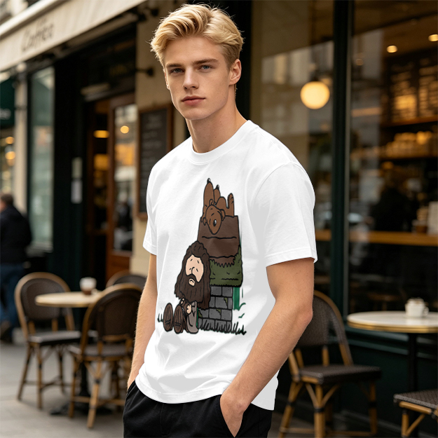 Olive T-Shirt With Cartoon Bearded Man And Doghouse Print