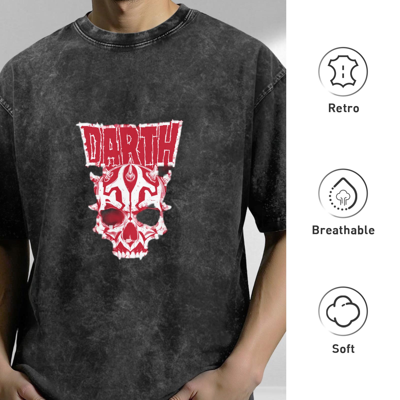 Darth Maul Skull Graphic Black Acid Wash T-Shirt