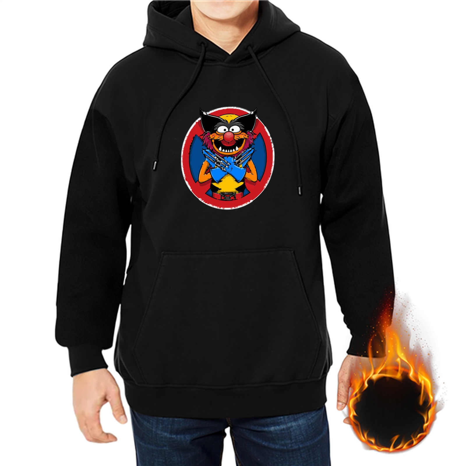 Black hoodie with cartoon bat-masked rock character graphic