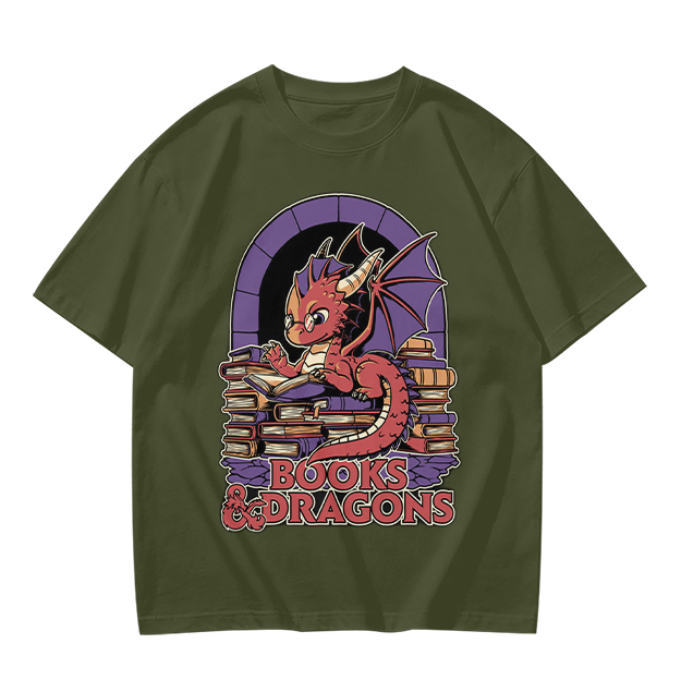 Olive t-shirt with cute red dragon reading books graphic