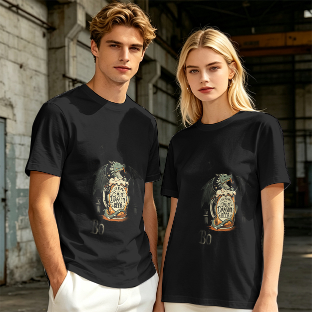 Olive Green T-Shirt with Dragon Beer Mug Graphic Print