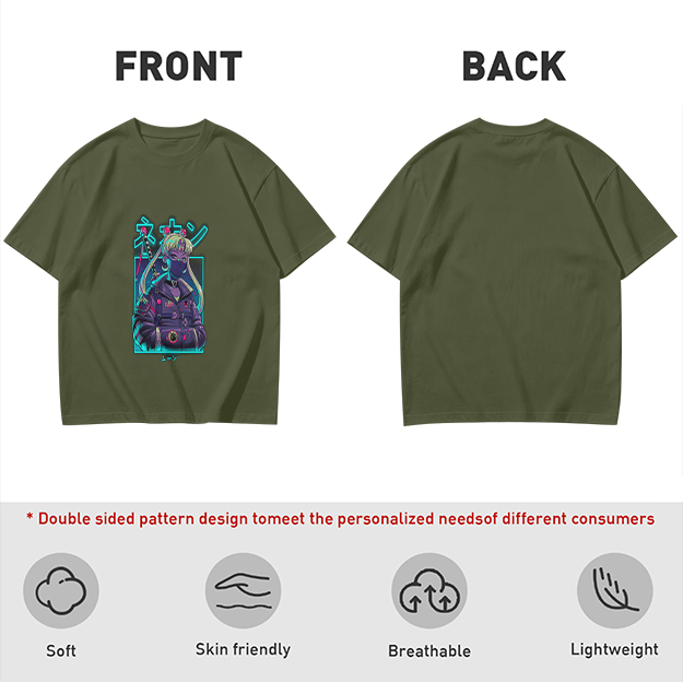 Olive T-shirt with cyberpunk anime character graphic
