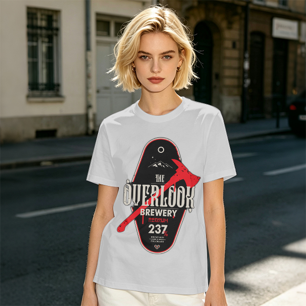 Olive green t-shirt with The Overlook Brewery axe graphic