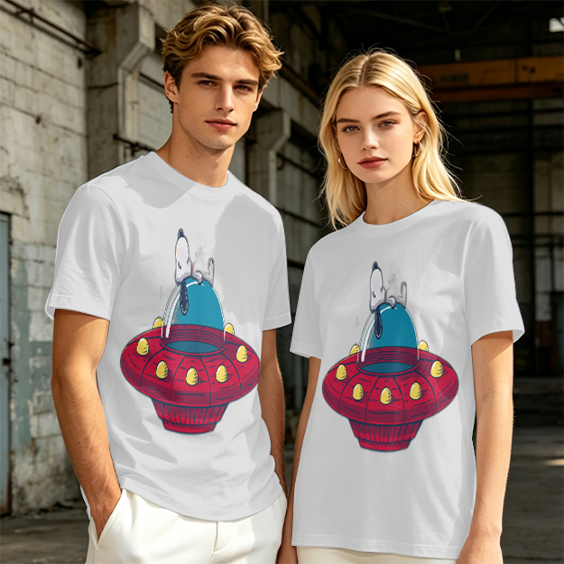 Olive T-Shirt Featuring Snoopy Relaxing in a Red UFO