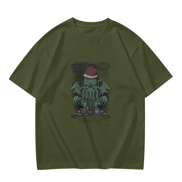 Olive T-Shirt With Christmas Cthulhu Graphic Print