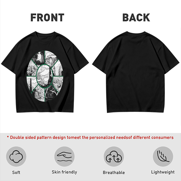 Olive Green T-Shirt With Circular Fantasy Landscape Art Print