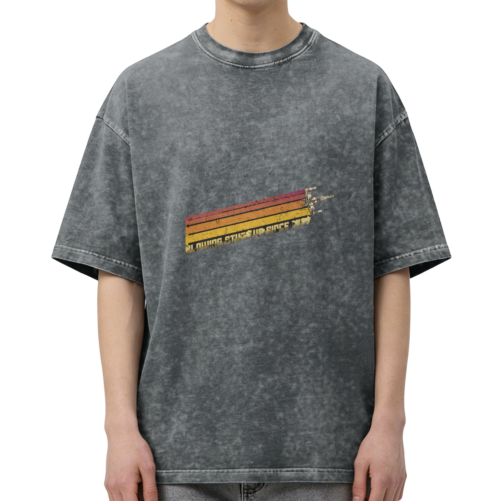 Distressed washed black retro striped pattern short-sleeved T-shirt