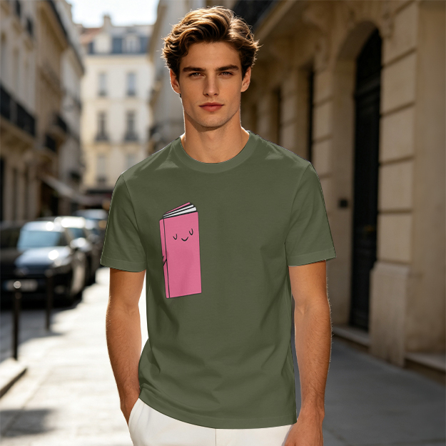 Olive Green T-Shirt With Cute Smiling Pink Book Graphic