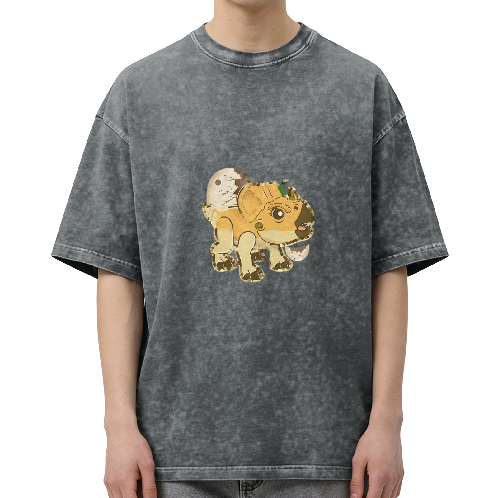 Washed Black T-Shirt With Cute Baby Triceratops Dinosaur Graphic